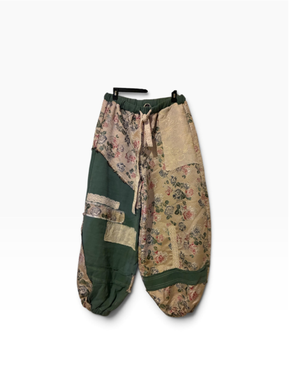 Women's POL Patchwork Floral Jogger Pants Size M Green Beige